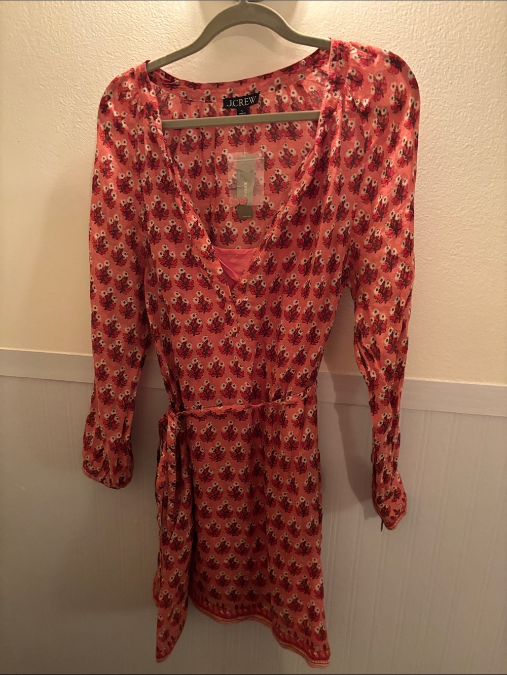 J. Crew Coral Pink Floral Long Sleeve Tie-Waist Dress